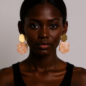 Elegant Gold and Orange Hexagon Earrings